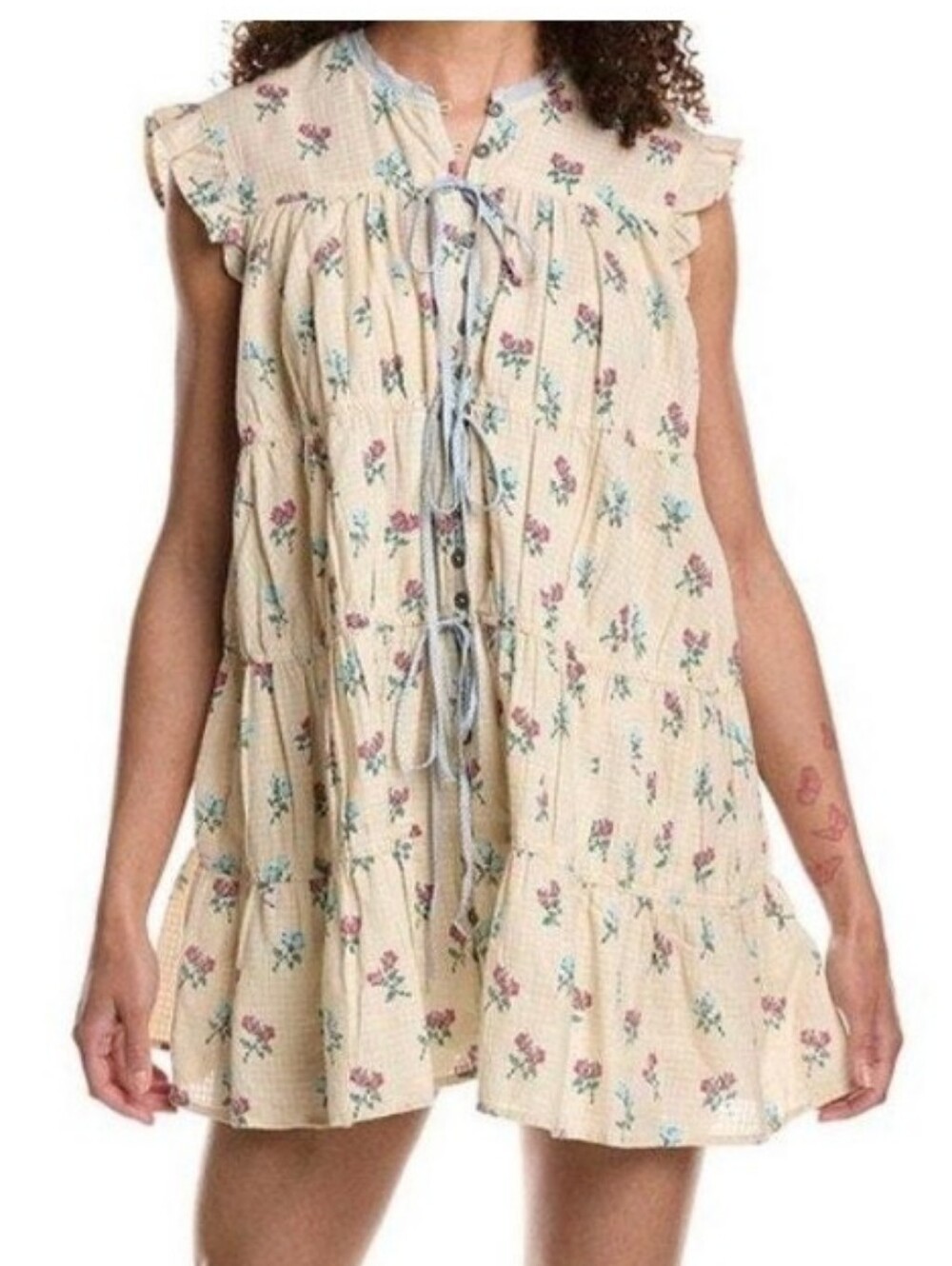 NWT Free People Ivory Floral Print Tiered Sleeveless Baby Doll Style Dress